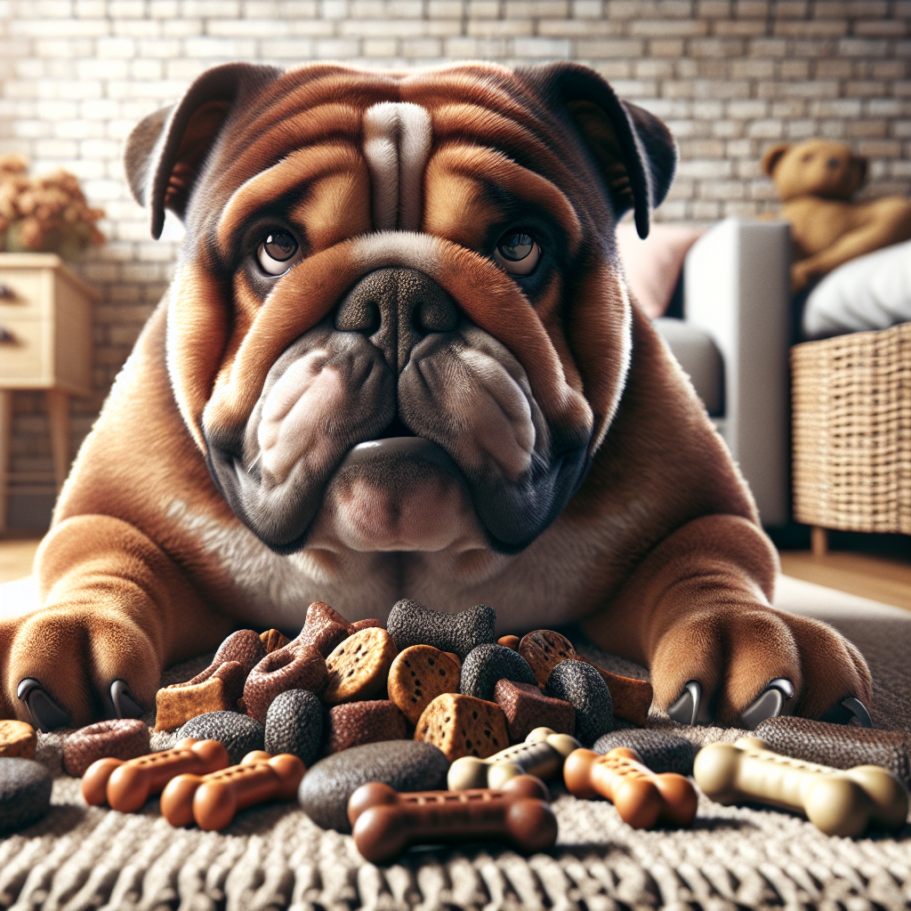 A muscular English Bulldog eating nutritious dog treats in a cozy home setting, reflecting its dietary needs and promoting dental health.