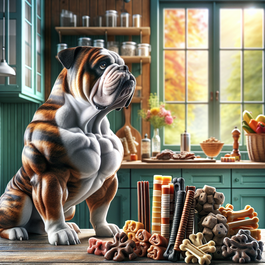 A muscular brindle bulldog with white markings sitting beside an assortment of dog treats in a sunny kitchen.