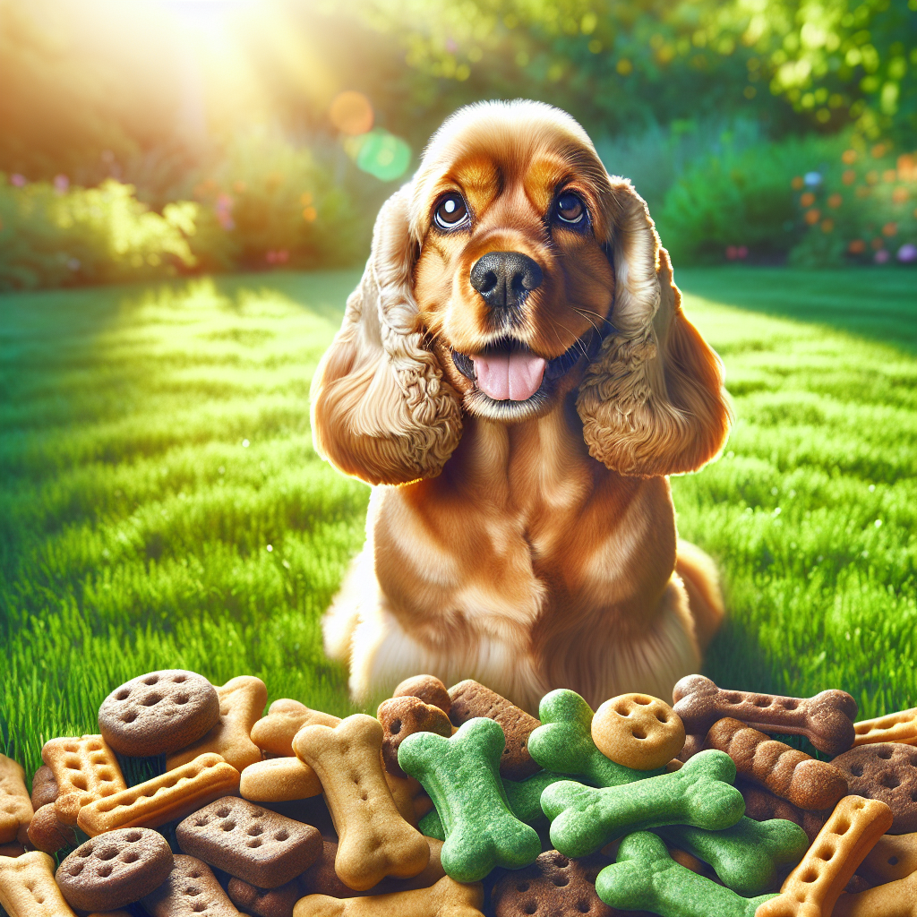 A golden-brown Cocker Spaniel surrounded by a variety of healthy dog treats on a green lawn.