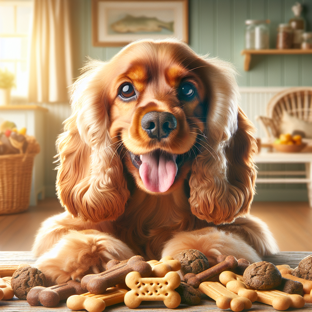 A Cocker Spaniel enjoying a variety of nutritious, size-appropriate dog treats in a cozy home environment.