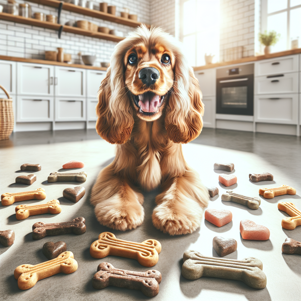 A joyful Cocker Spaniel surrounded by various nutritious dog treats in a bright kitchen setting.