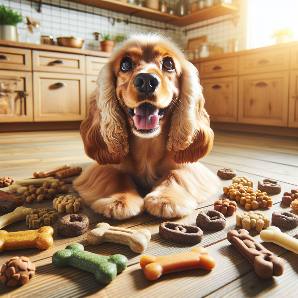 A happy Cocker Spaniel surrounded by various healthy, natural-colored dog treats in a sunlit kitchen.