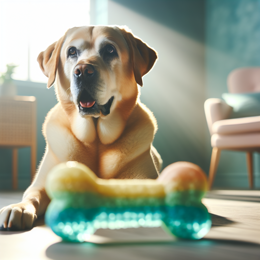 A golden Labrador sitting calmly indoors, looking at a bowl of calming dog treats on the floor.