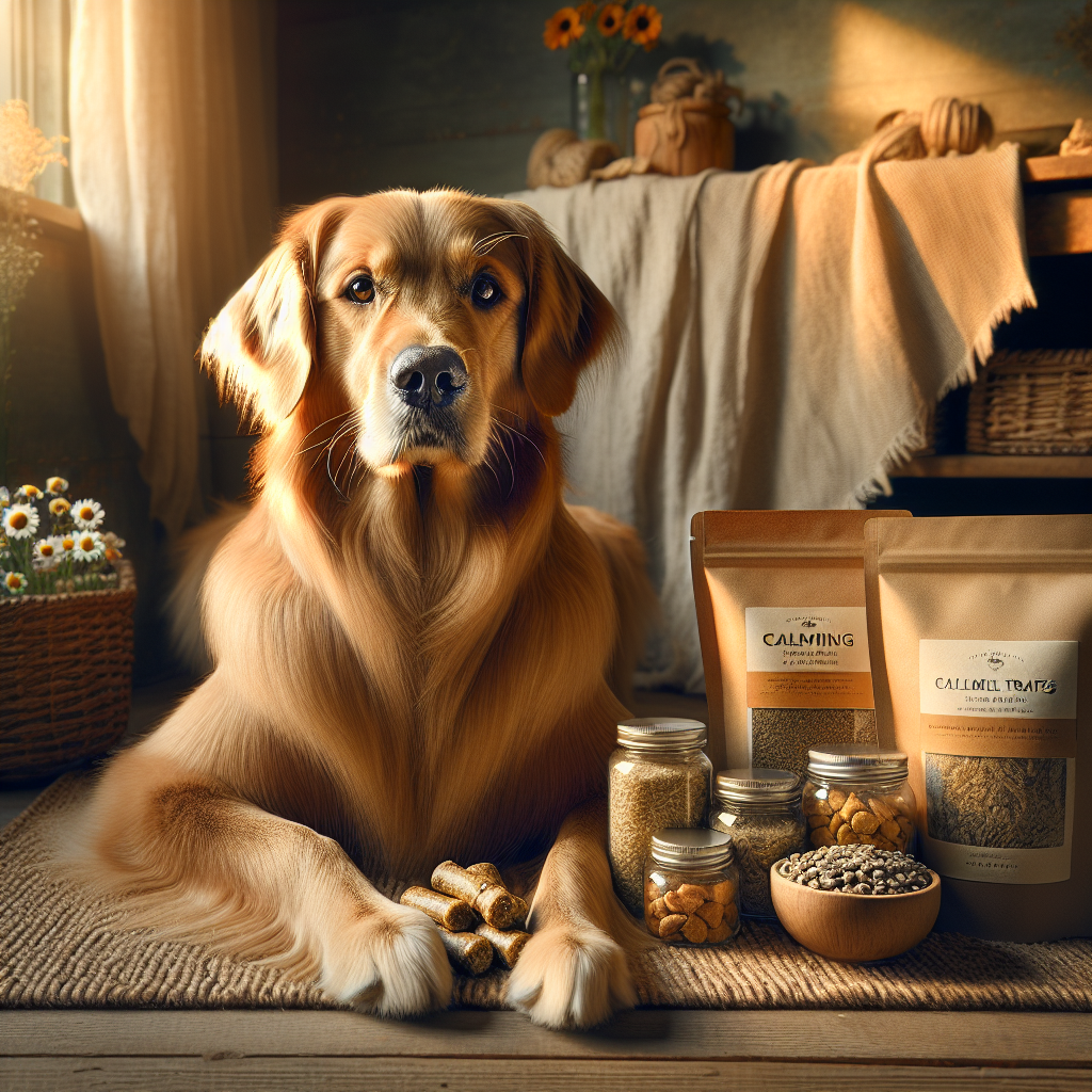 A peaceful golden retriever surrounded by calming dog treats with natural ingredients in a warm indoor setting.