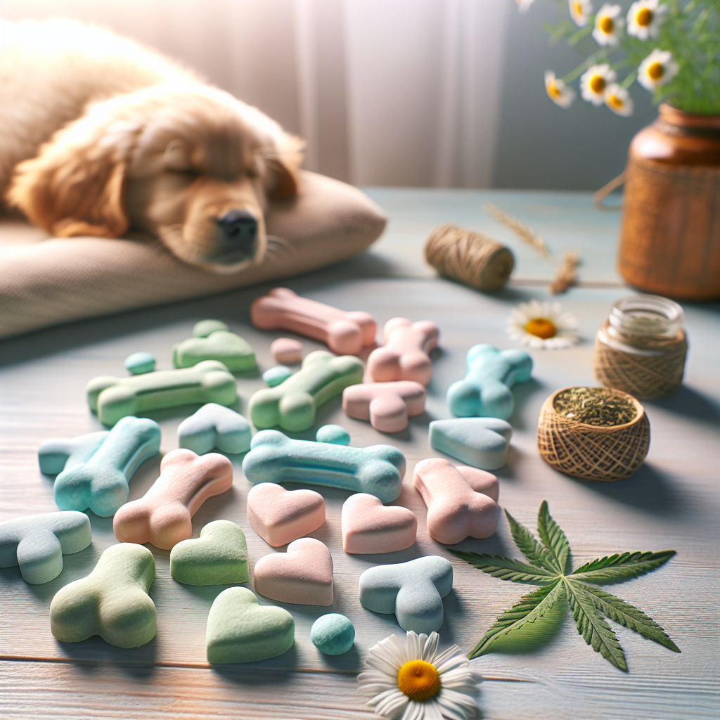 Assorted dog calming treats on a light wooden surface with calm colors, alongside symbols of tranquility and a sleeping golden retriever puppy in soft, natural light.