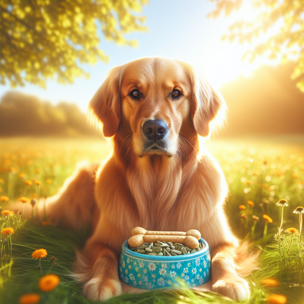 Golden retriever sitting in a grassy field next to a bowl of dog calming treats with chamomile flowers.