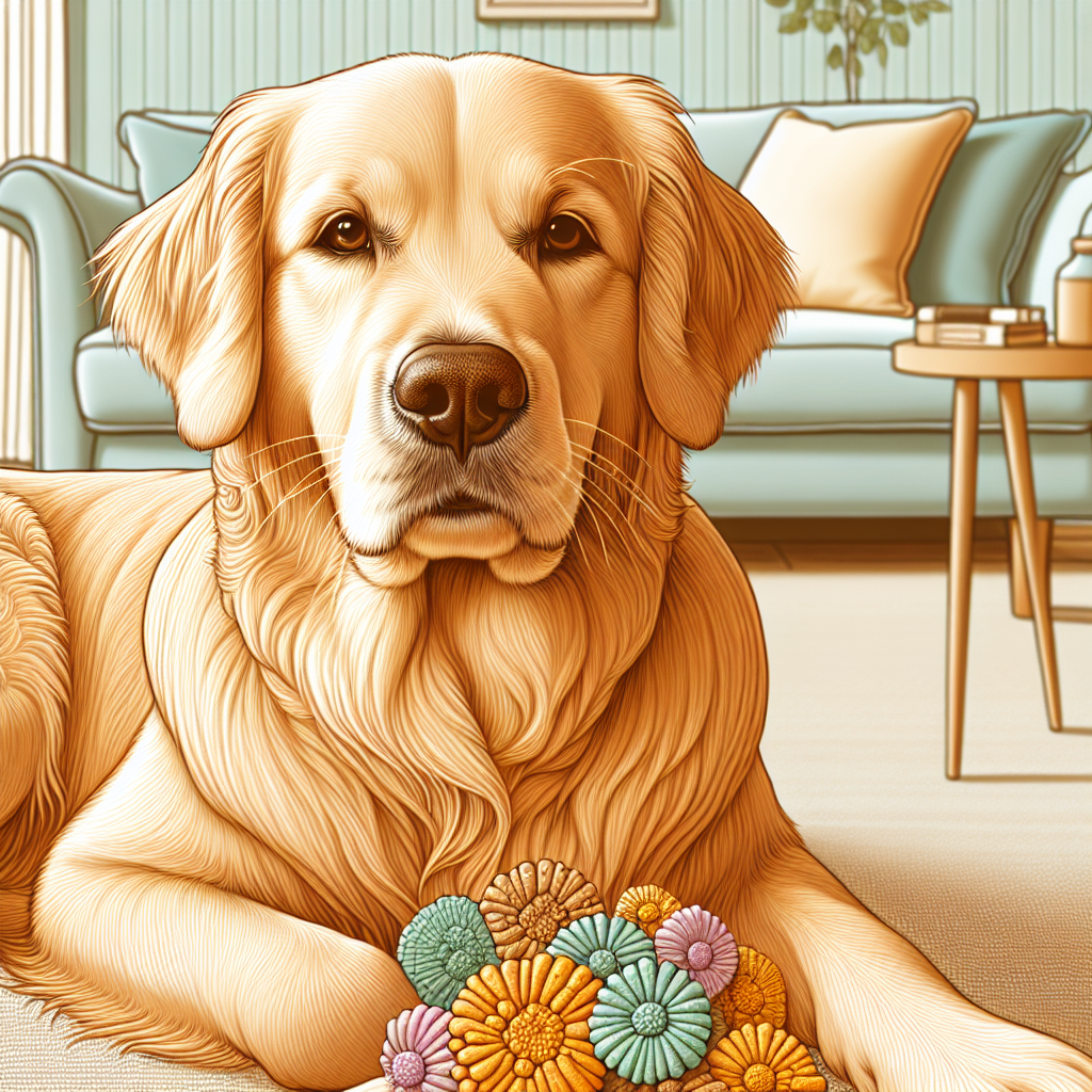 A relaxed golden retriever enjoying a calming treat in a cozy indoor setting.