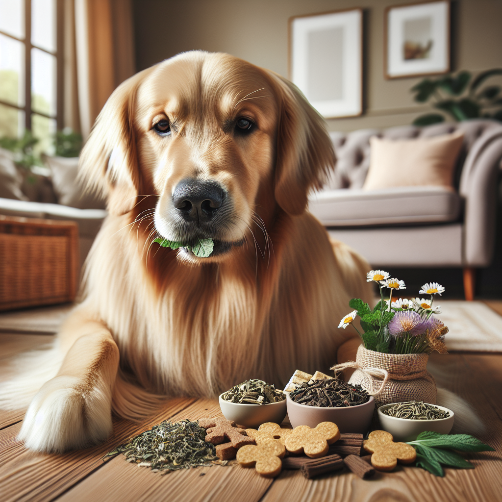 A happy golden retriever enjoying a calming treat in a cozy living room, surrounded by calming ingredient visuals.