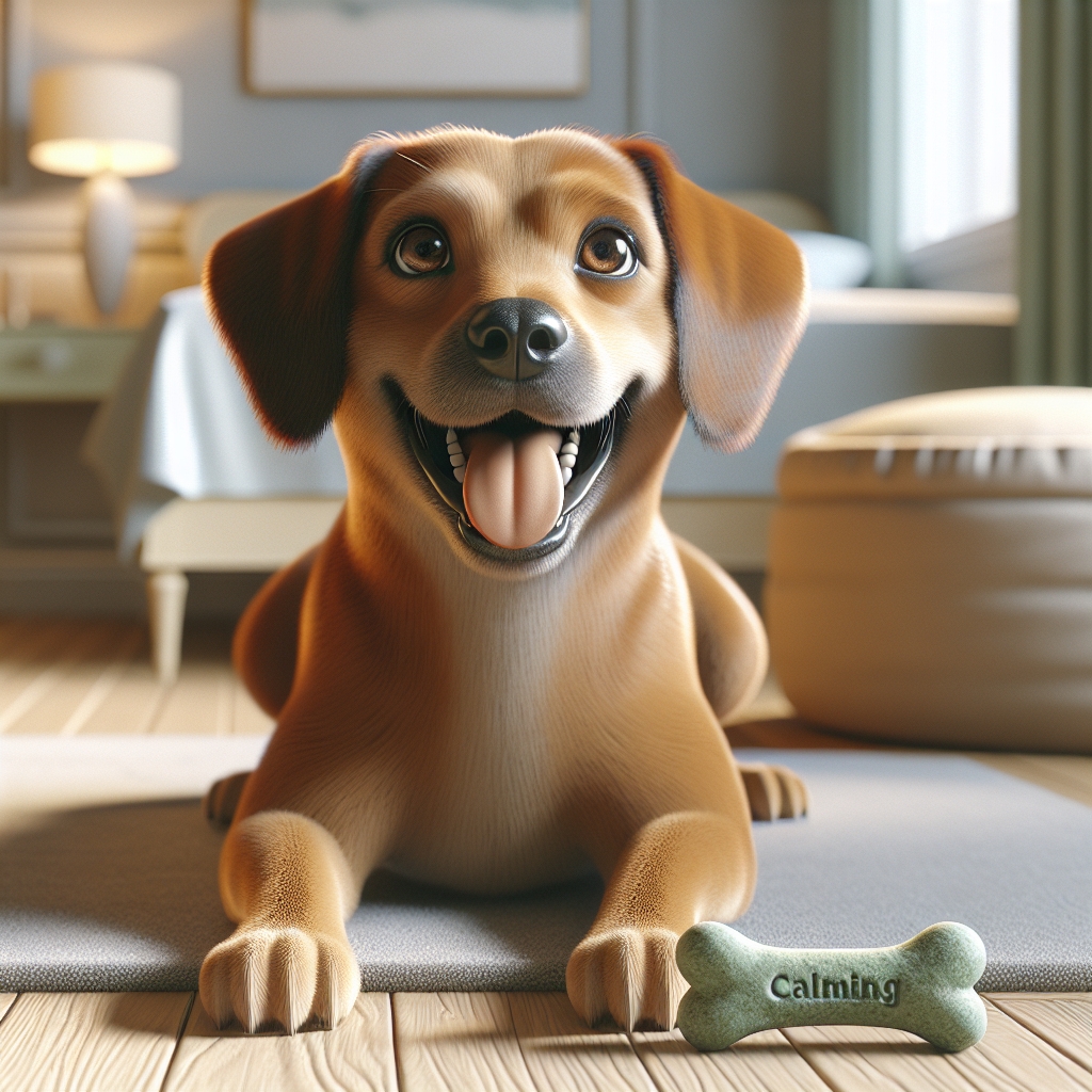 A happy dog eating a calming treat in a cozy living room.