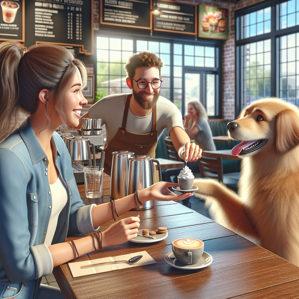 A dog receiving a Puppuccino from a barista in a Starbucks cafe, with the owner smiling nearby.