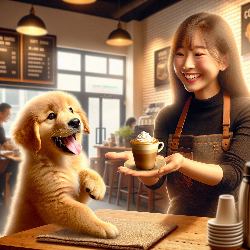 A puppy receiving a Puppuccino from a barista in a cozy Starbucks setting.