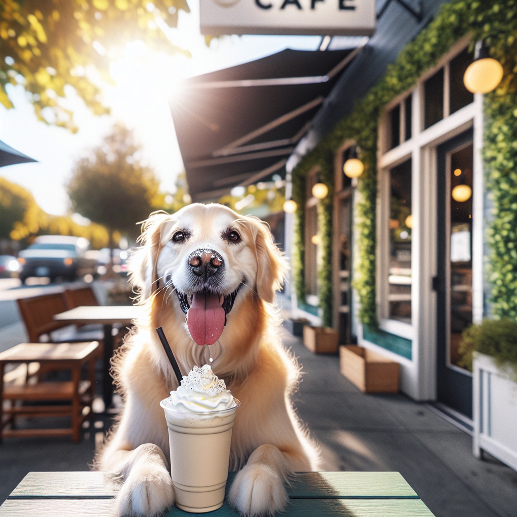 A happy dog enjoying a Puppuccino in an outdoor setting near a Starbucks.