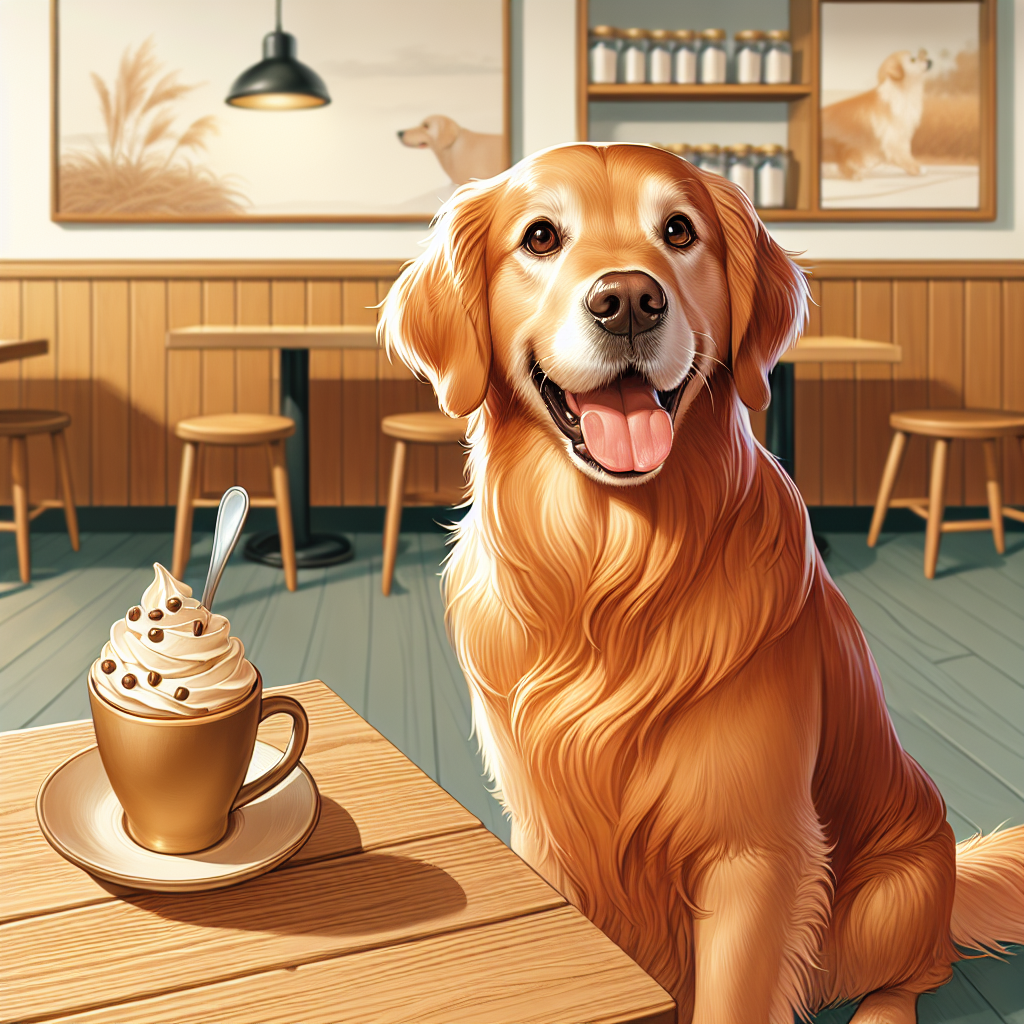 A happy golden retriever enjoying a Puppuccino at Starbucks.