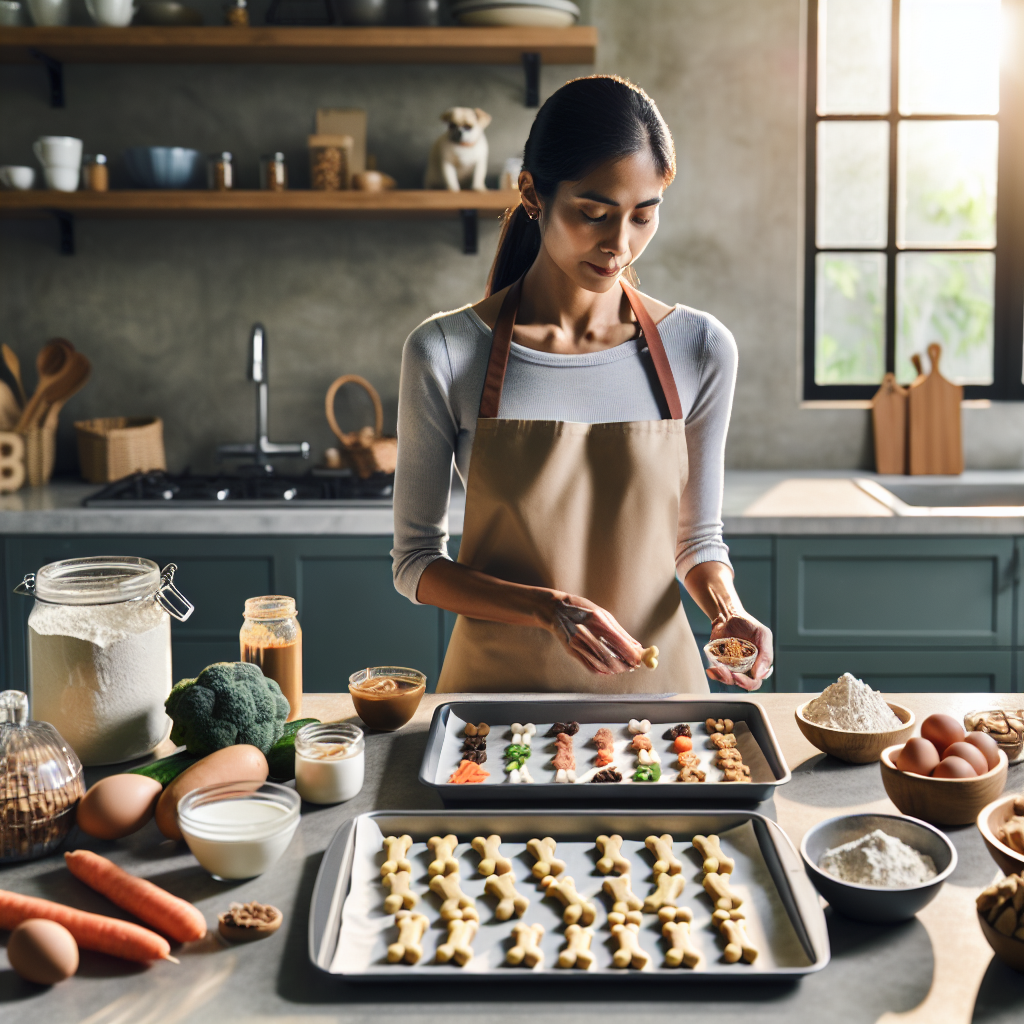 A person making homemade dog treats in a well-lit kitchen with natural ingredients on the countertop and bone-shaped treats on a baking tray.