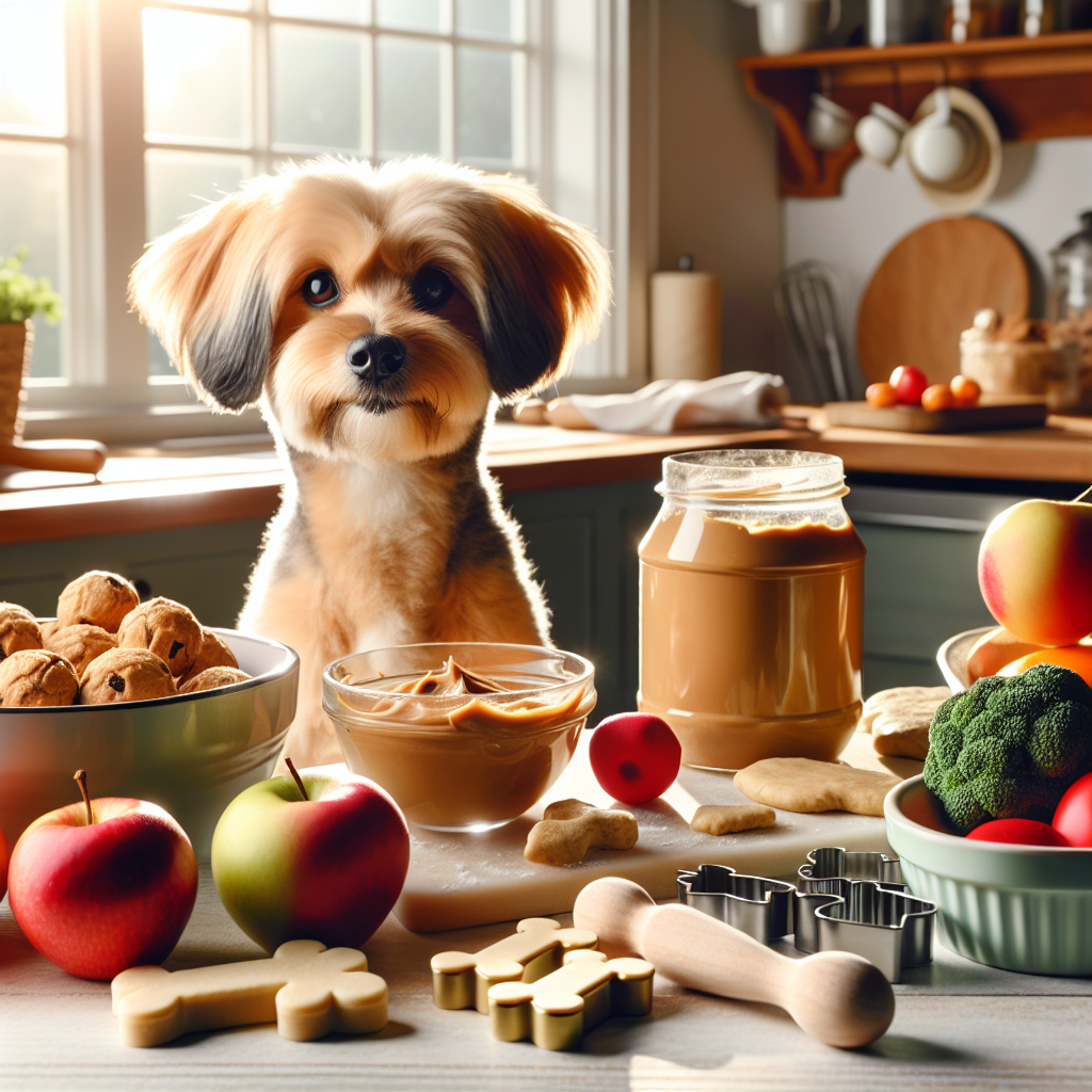 A kitchen counter with ingredients for homemade dog treats and a small dog looking up eagerly.