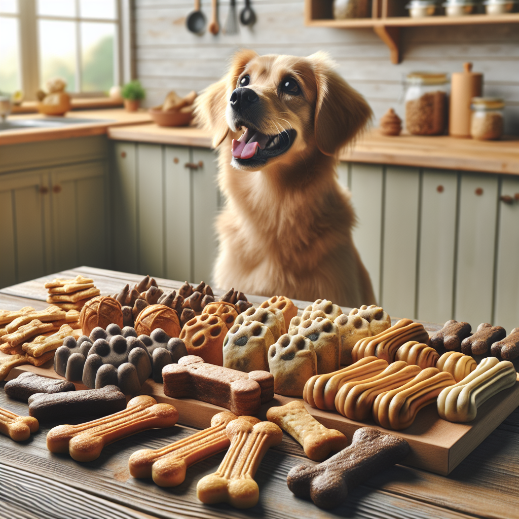 A kitchen scene with homemade dog treats and a happy dog.