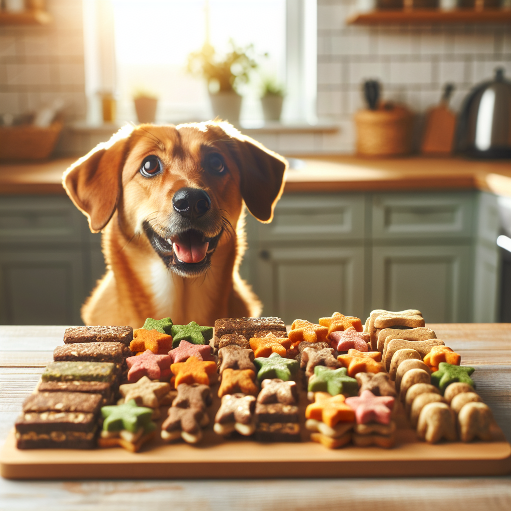 A cozy kitchen with homemade dog treats on a counter and a dog eagerly looking at them.