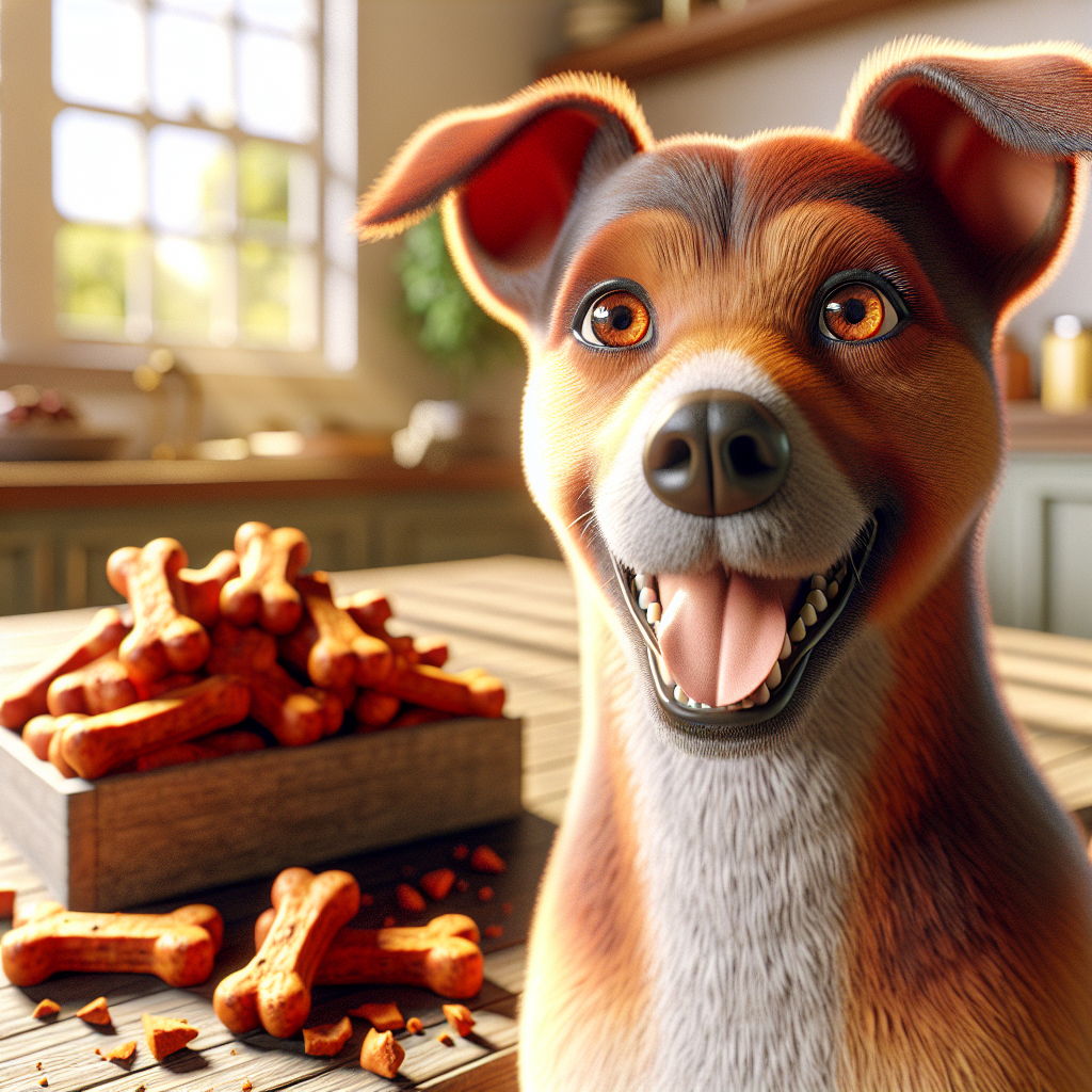 A happy dog with short brown fur enjoying homemade sweet potato treats in a cozy kitchen.