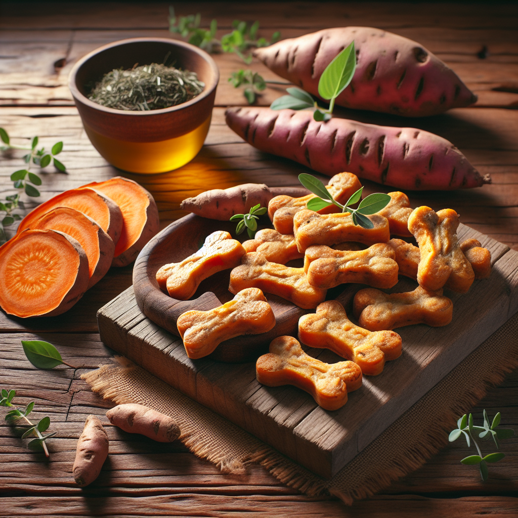 Homemade sweet potato dog treats on a rustic wooden table with fresh sweet potatoes and herbs.