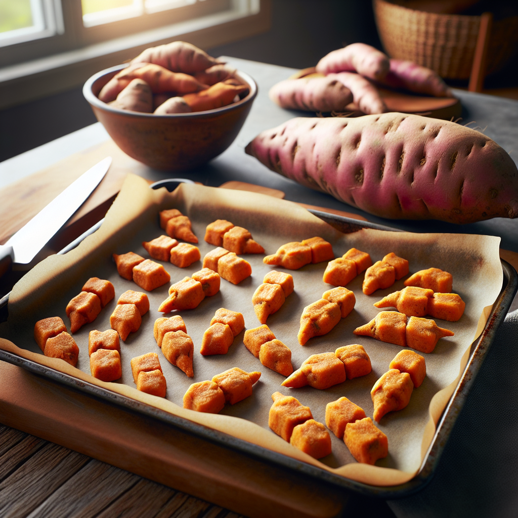 Homemade sweet potato dog treats on a kitchen counter with a fresh sweet potato.