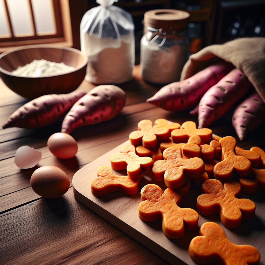 Homemade sweet potato dog treats on a wooden kitchen counter with ingredients in the background.