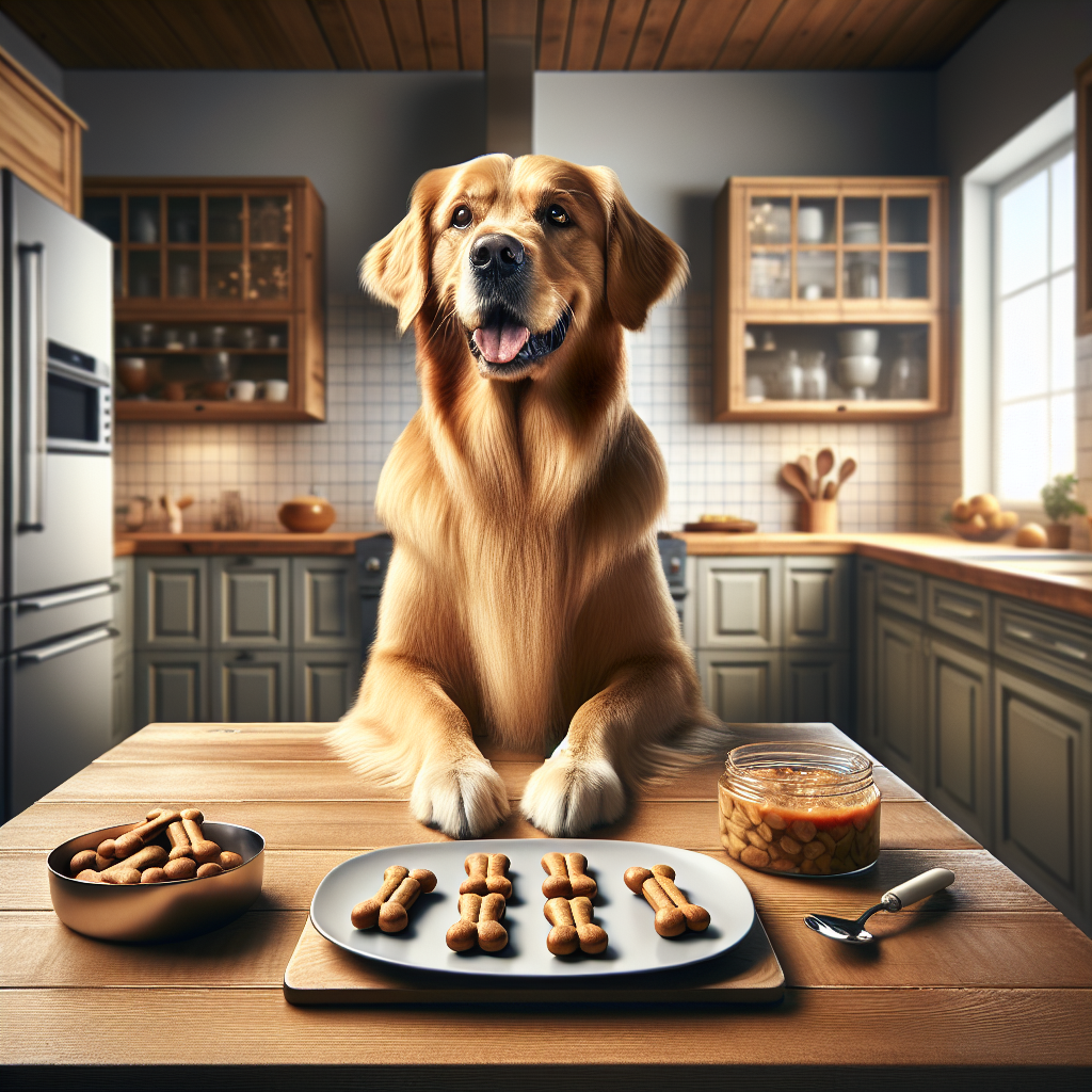 A golden retriever sitting next to homemade dog treats in a modern kitchen.