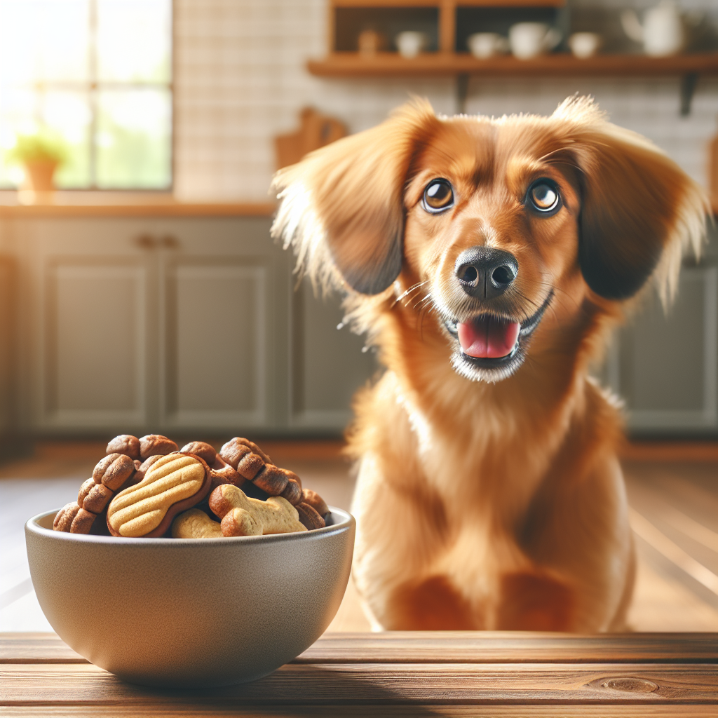 A realistic image of a happy dog sitting next to a bowl of homemade dog treats in a cozy kitchen.