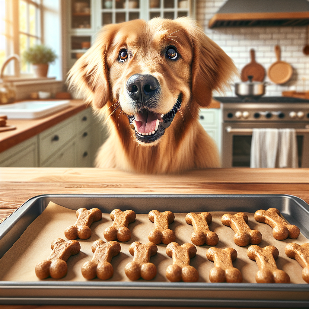 A happy golden retriever looking at a tray of homemade dog treats in a cozy kitchen.