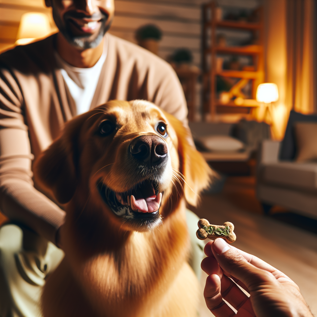 A happy, healthy golden retriever receiving a treat from a loving owner.