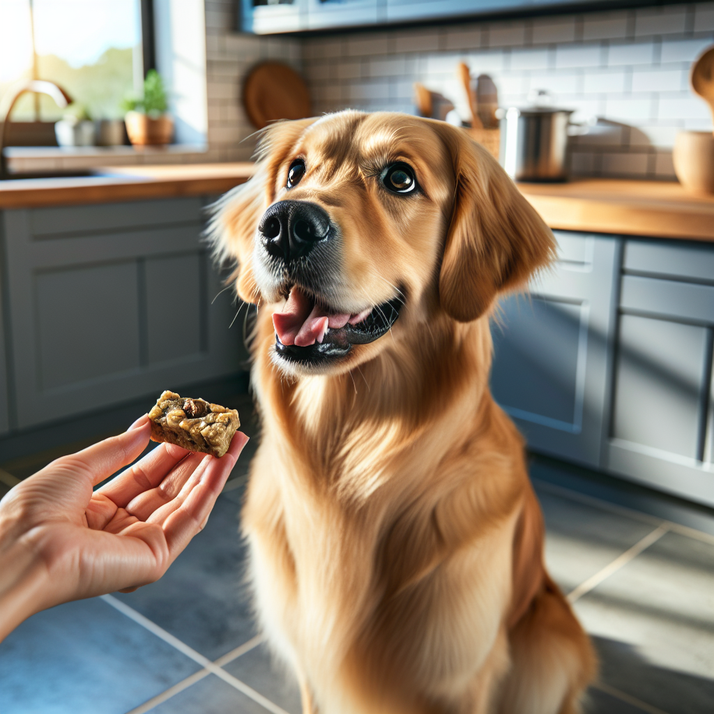 A happy dog in a kitchen being offered a healthy treat.