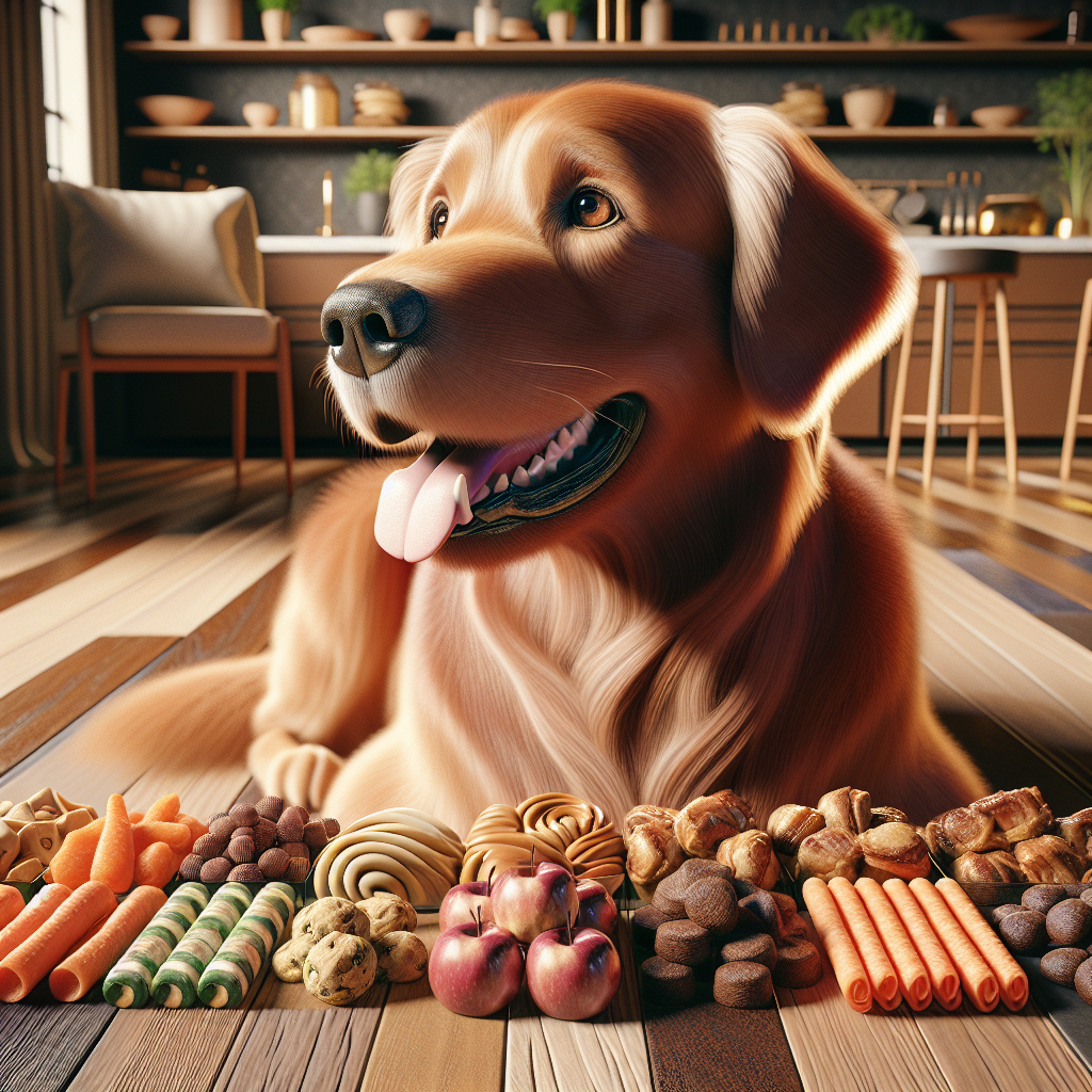 A healthy golden retriever enjoying an assortment of nutritious dog treats in a cozy kitchen.