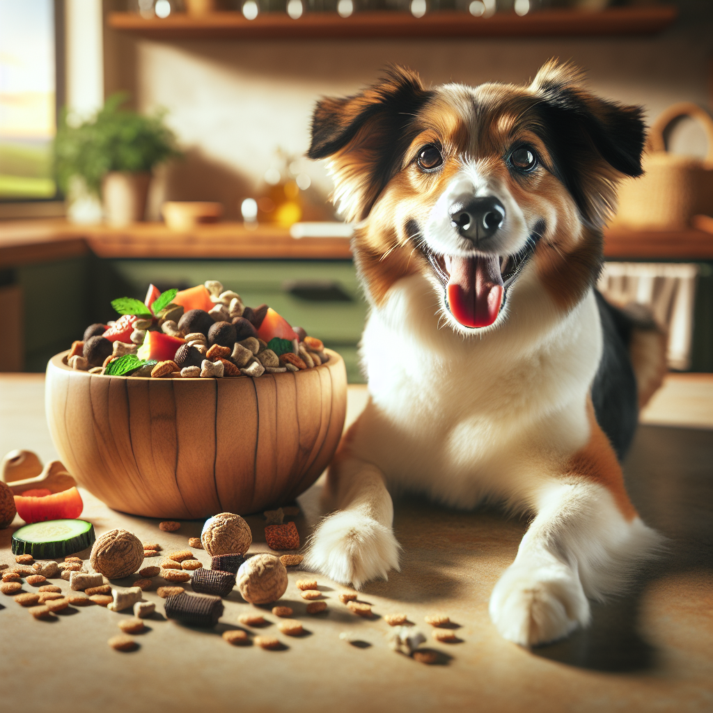 A happy dog next to a bowl of healthy dog treats in a cozy kitchen.