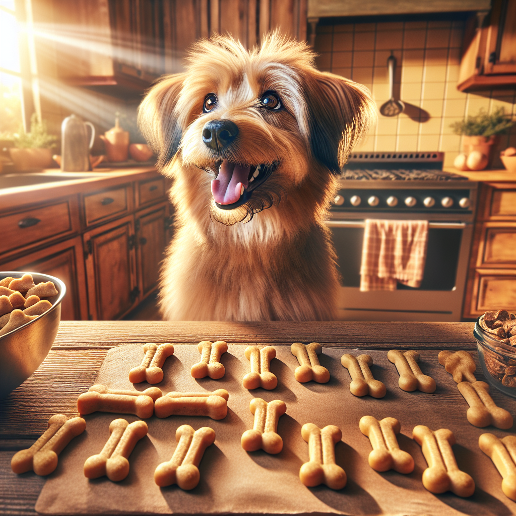 A happy dog in a kitchen observing homemade dog treats being made.