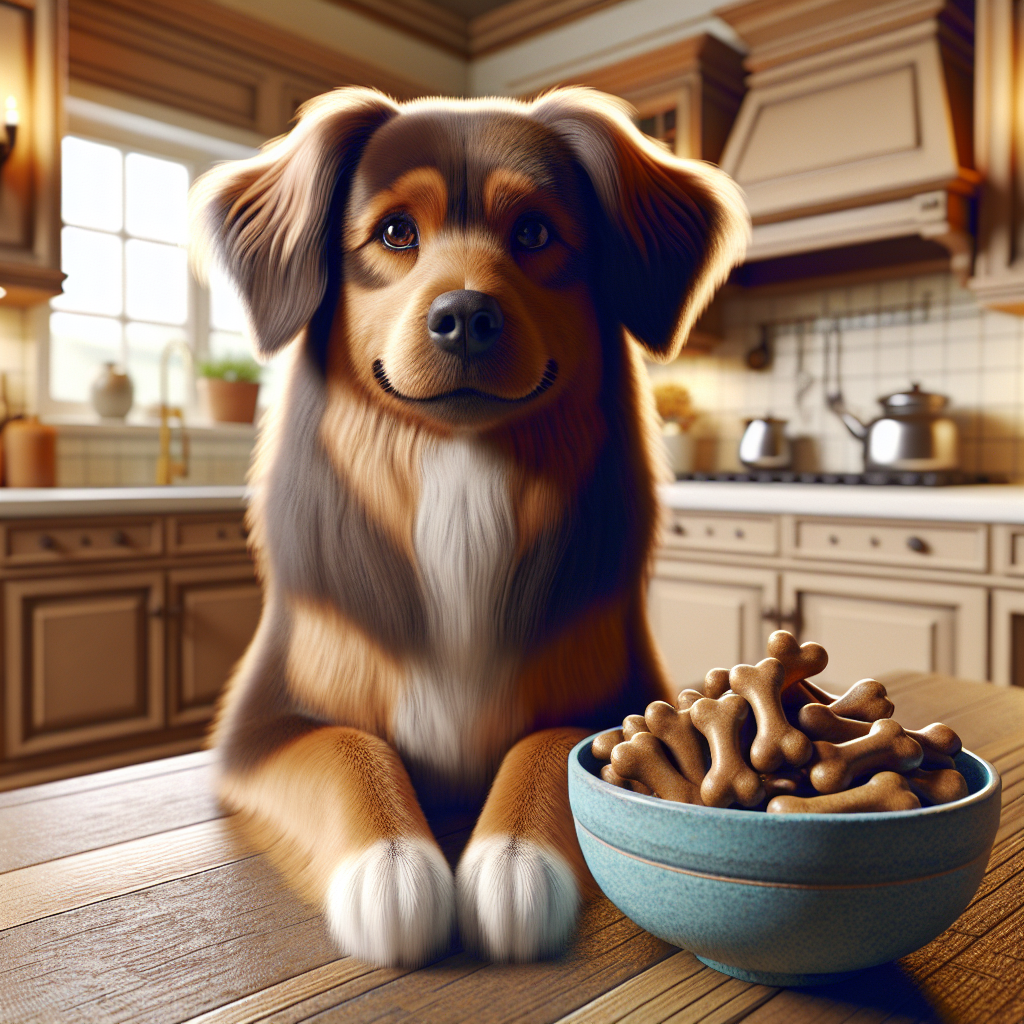 A joyful dog with homemade glucosamine treats in a kitchen setting.