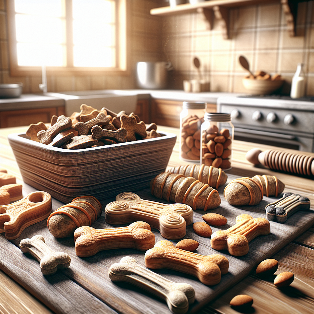 Homemade dog treats with glucosamine on a wooden kitchen counter.