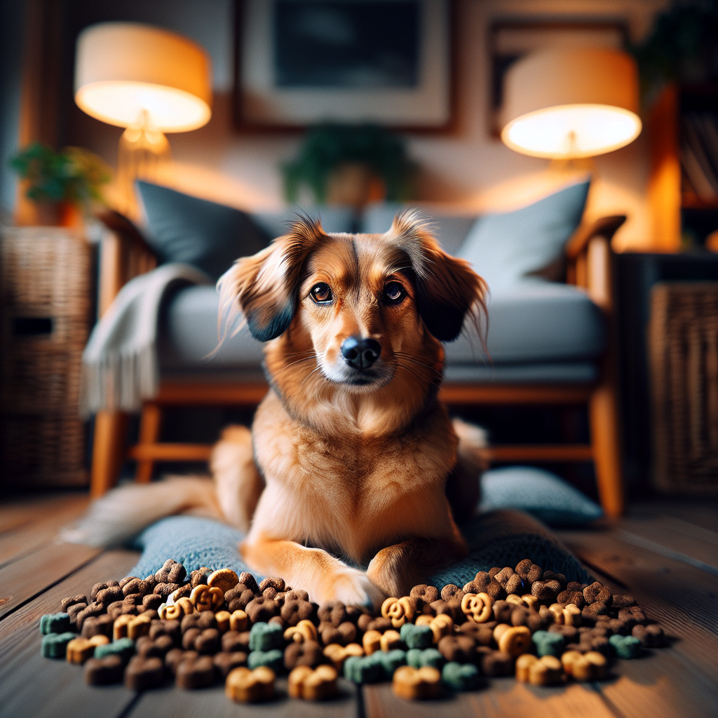 A dog relaxed among calming treats in a cozy living room setting.