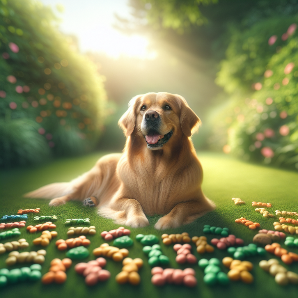 A relaxed golden retriever surrounded by calming dog treats in a serene garden.