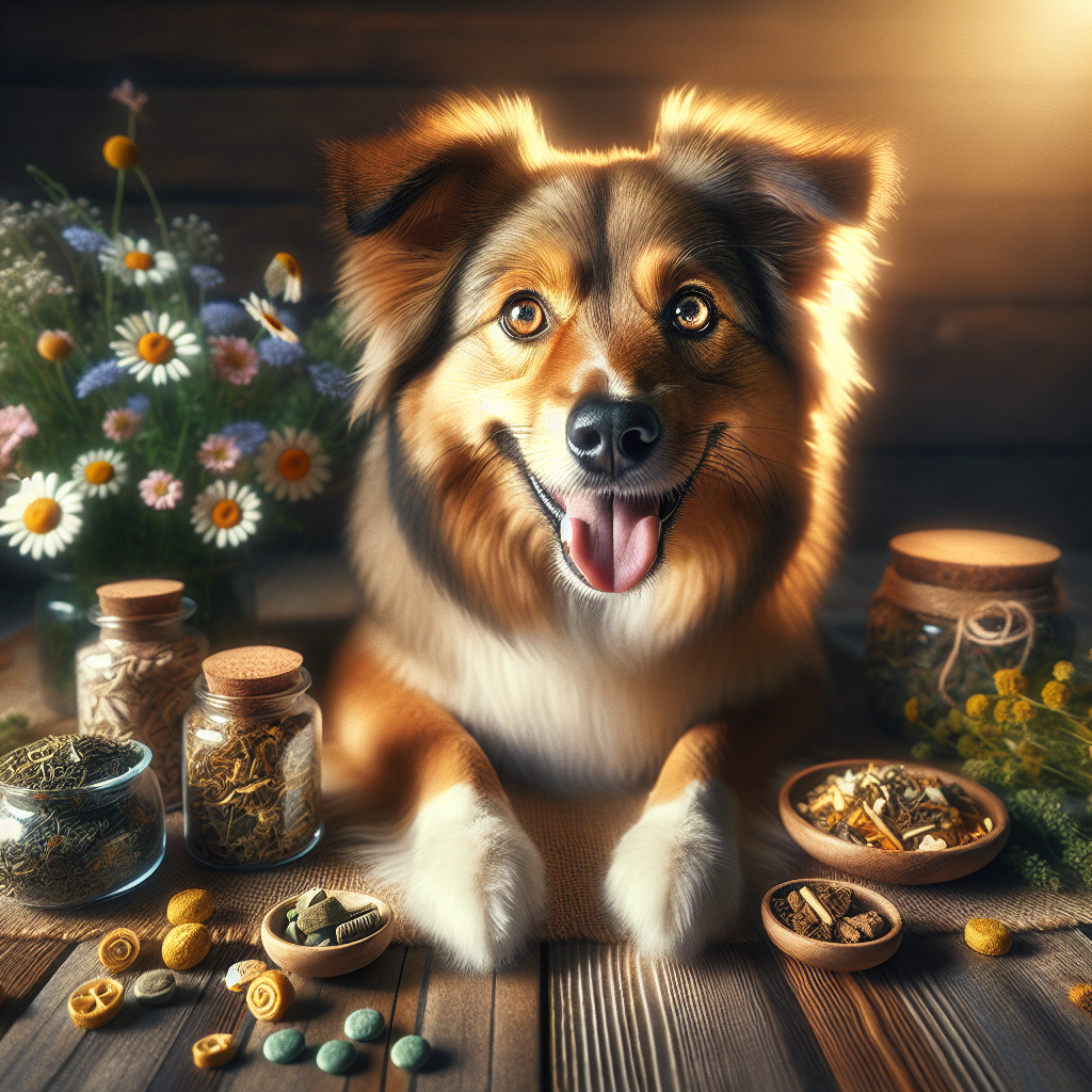 A happy dog surrounded by calming natural ingredients and treats.