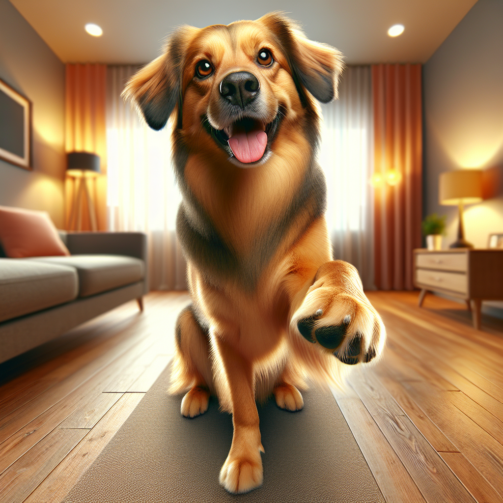 A joyful dog extending a paw for a handshake in a warm living room setting.