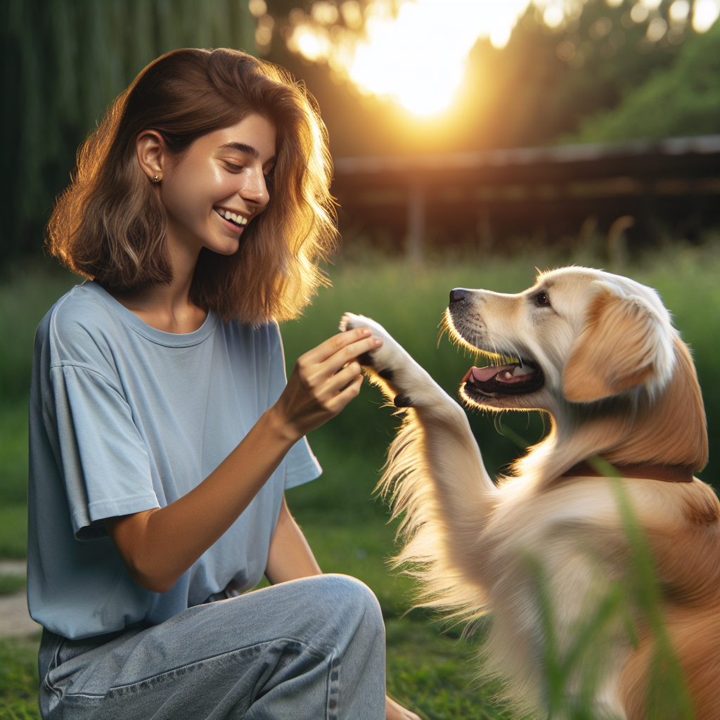 A woman training her golden retriever dog to shake paws outdoors.