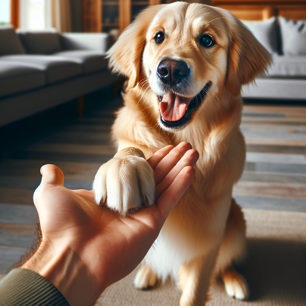 A golden retriever learning to shake paws with a human hand.