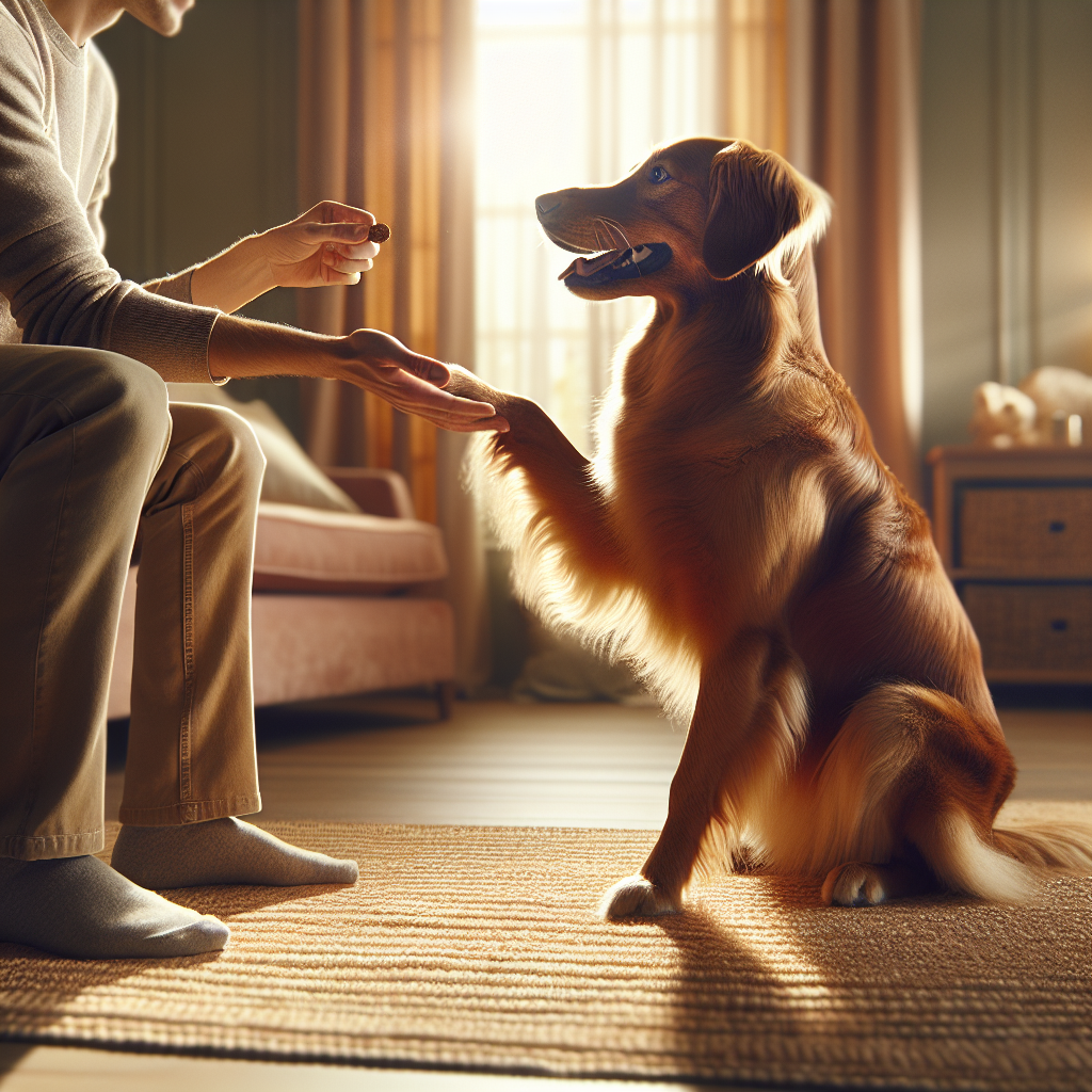 A person training a golden-brown dog to shake paws in a cozy indoor setting.