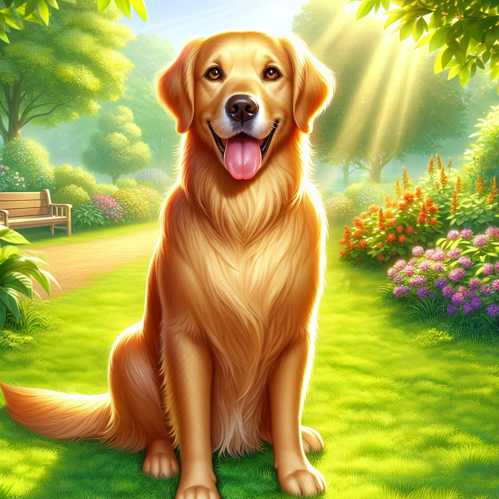 A cheerful golden retriever sitting in a sunny park, surrounded by lush grass and colorful flowers.