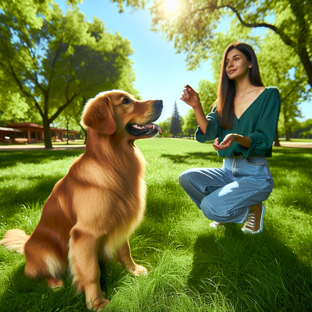 A golden retriever dog sitting in a green park, looking attentively towards its owner.