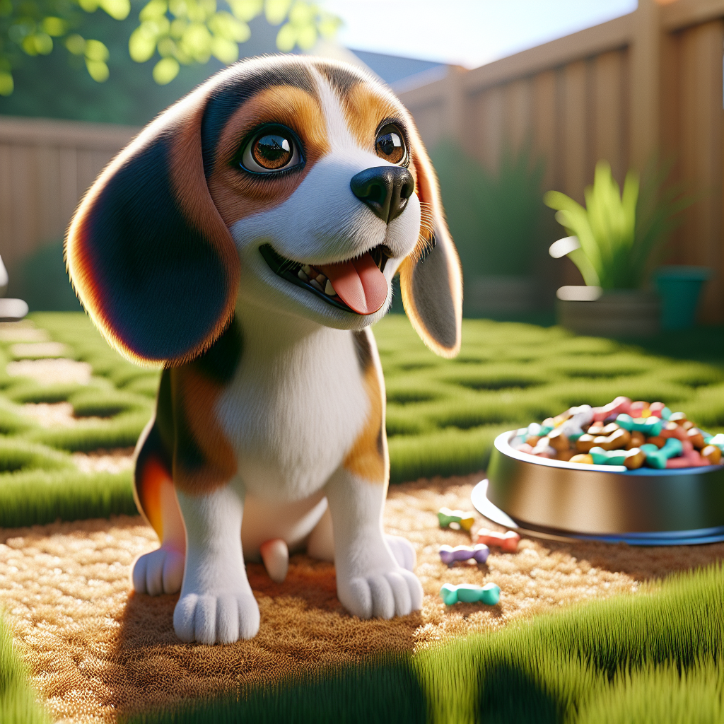 A happy Beagle dog in a grassy backyard looking up at its owner, with a designated potty area and a bowl of dog treats nearby.