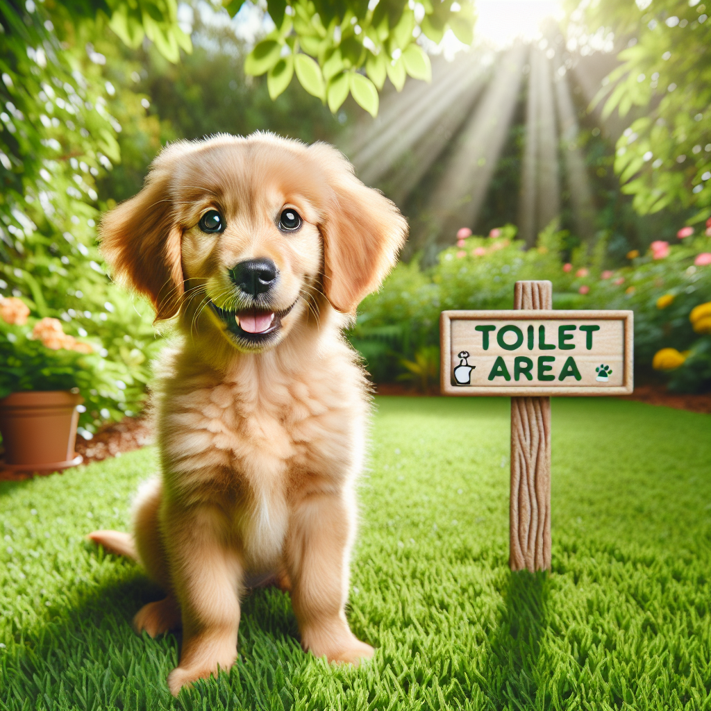 A playful Golden Retriever puppy sitting on a grassy lawn with a designated potty area in the background.