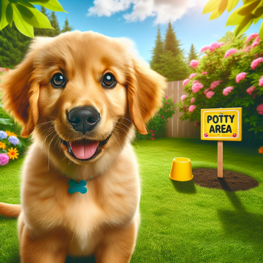 A golden retriever puppy in a grassy yard near a potty area.