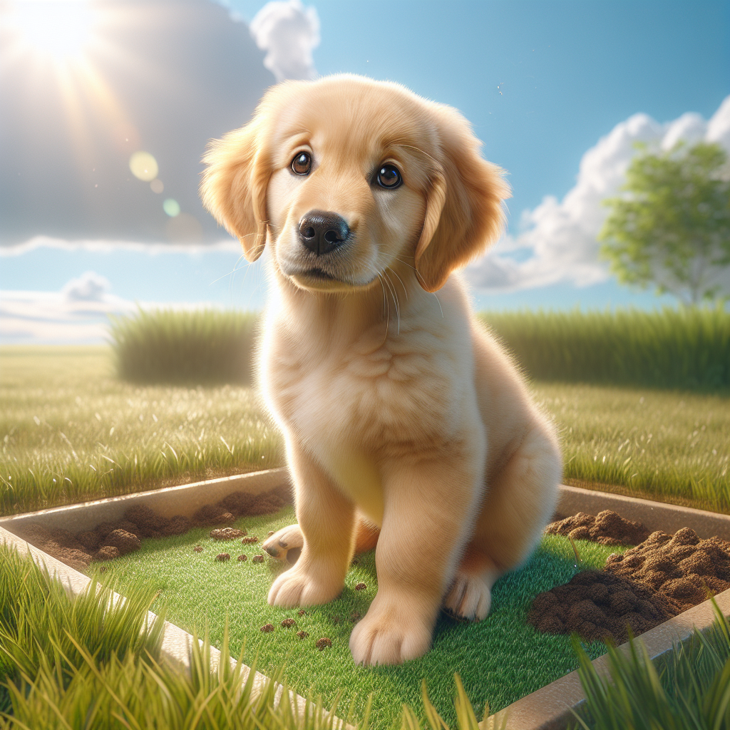 A golden retriever puppy sitting on grass, looking playful in a sunny outdoor setting.