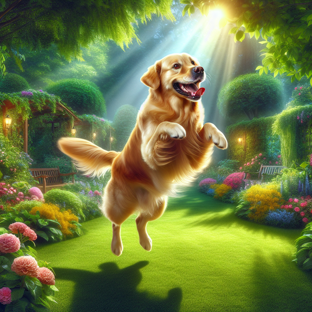 A happy dog jumping in a garden, expressing excitement.