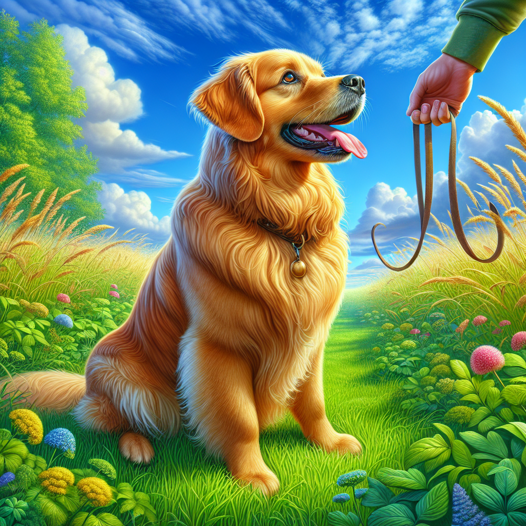 A happy medium-sized Golden Retriever dog sitting on grass, looking up at its handler in a sunny training environment.